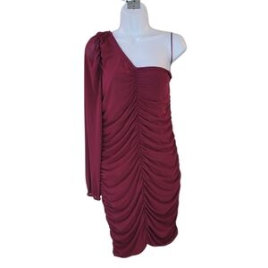 CHELSEA 28 One Shoulder Long Sleeve Ruched Mesh Mini Dress Size L